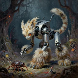 robotic lynx with the big floofy feet is hunting for prey in the grimdarkest dungeon depths, enchanted magical fantasy cyberpunk. oil painting, by james gurney, dan mumford, wayne reynolds, ron spencer
