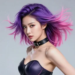 a award winning action upper body portrait of a beautiful woman with a ombre purple pink hairstyle with head in motion and hair flying, choker, outrun, vaporware, vivid colors, highly detailed, fine detail, intricate