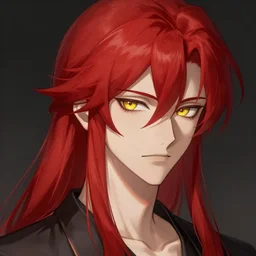 portrait of hisoka hunter hunter, male, thin thin lips, sharp jaw yellow iris narrow teeny tiny eyes red hair soft hair swept back crimson medium length hair, anime, fantasy, intricate, elegant, highly detailed, digital painting, artstation sharp focus, hunterpedia madonna art by artgerm and ruan jia and ross tran