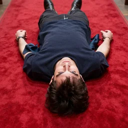 a man dreaming about a man with his hair on a red carpet