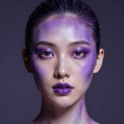 fashion model with head and face covered in purple liquid, realistic, symmetrical, studio lighting, ultra detail, photograph