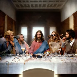 the last supper, jesus with vodka on table, juda with sunglases