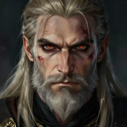 geralt of rivia with long beard and intense eyes, scarred, close up, portrait, sinister atmospheric lighting. highly detailed painting by greg rutkowski, anime style