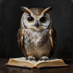 owl! with skull!!! with book! dark realistic painting