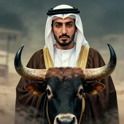 cinematic portrait, sheikh, sultan, malik, emir, head and chest only, dramatic pose, war, bull, contemporary, masterpiece, cinematic composition, dramatic pose, beautiful lighting, sharp, details, hyper - detailed, hd, 4 k