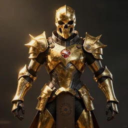 sci - fi knight stay in action pose, complete darkness, gold skull helmet, sharp focus, wide shot, render, octane, fine details, concept art
