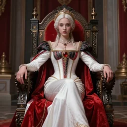 masterpiece concept art, a beautiful highly detailed sci - fi renaissance lady sit on the throne in palace, confident pose, by jae lee, 8 k, intricate detail, cinematic lighting, red white and black colors