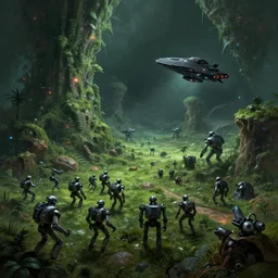 a panoramic scene from a space battle on an alien colony in a lush green alien planet between an army of robots and a black spaceship, dim lighting, unreal engine 5, concept art ， by greg rutkowski, loish, highly rendered, digital painting, artstation, artstation hq, mysterious toplight 8 k