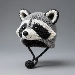 a crocheted raccoon hat, fzd school of design, product photo, studio lighting
