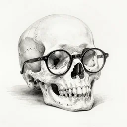 pencil drawing of a human skull wearing black round glasses, sitting atop a small stack of hardcover books, black and white, white background