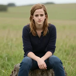 facial portrait of emma watson sitting on a tree stump in a field