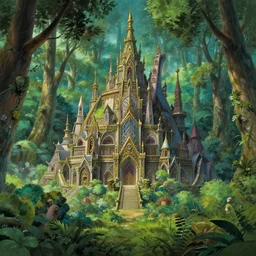 a stunning fairy landscape with an elvish city in the middle of the forest, ornate, intricate, in the style of miyazaki, studio ghibli, hyper detailed