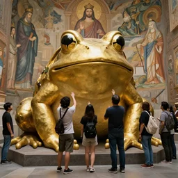 people worship a huge statue of a golden frog, frescoes style, religion, bible