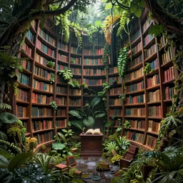 a ( ( decaying magical library ) ) with a rainforest growing inside, highly detailed, intricate detail, mystical volumetric lighting, dramatic scenery, beautiful 3 d rendering, octane render, trending on artstation, by greg rutkowski and marco de goeij