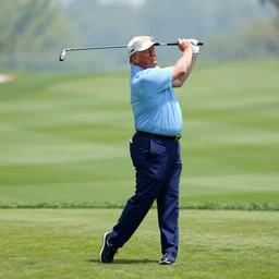 trump playing golf swinging a golf club that looks like trump