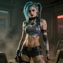 photography of a dirty female cyborg Cyberpunk with fitness marked body like Briinic model small waist with human face, dressed with Shiny latex and plastic strech clothes, ultra-realistic, cinematic, dark inside ambient, dust, Blade Runner movies, postapoc, soft lighting, hyper-realistic