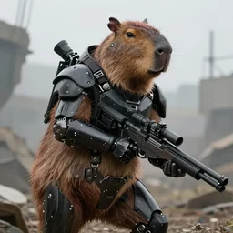 photorealistic anthropomorphic capybara, wearing black cyber robot gigachad exoskeleton power armor without helmet, holding laser sniper rifle, post apocalyptic cinematic photorealistic background