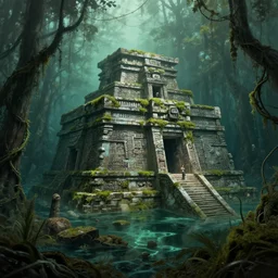 a sunken aztec temple in the florida everglades, partly underwater, moss, vines, dark, creepy, in a historical illustration style, detailed
