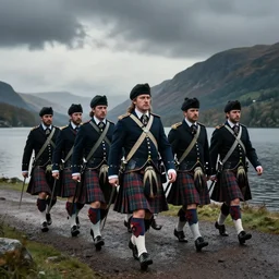 scottish soldiers 1 8 th century in kilts marching along loch lomond with swords 4 k, concept art, by wlop, ilya kuvshinov, artgerm, krenz cushart, greg rutkowski, pixiv. cinematic dramatic atmosphere, sharp focus, volumetric lighting, cinematic lighting, studio quality
