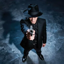 mysterious man in black suit and black fedora hat and black shoes, he has a pistol!!, he is looking into the camera as a warning, mysterious, 4 k, highly detailed, digital art, strong shadows, high contrast, epic scene, atmospheric, blue colours, award winning photo