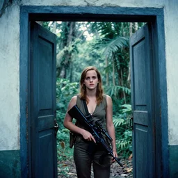 film still, extreme far view, emma watson, jungle, vietnam door gunner, apocalypse now, associated press, 2 6 mm, kodak ektachrome, blue tint, expired film
