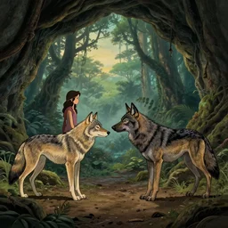 scenic cave interior with female wolf saying good bye to male african wolf, evening, african rainforest, hyper realism, very coherent art by artgerm, marquet albert, and studio ghibli, intricate, beautifully detailed line art, high quality, highly coherent, elegant concept art, octane render, volumetric light, dramatic cinematic lighting, slight depth of field, 8 k