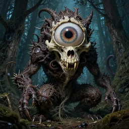 hyperdetailed art nouveau portrait of treebeard as a chimera eyeball skull dragon monster, by micheal whelan, simon bisley and bill sienkiewicz, grim yet sparkling atmosphere, photorealism, thorns, claws, tentacle, fangs, night in the forest, wild, crazy, scary, horror, lynn varley, lovern kindzierski, steve oliff