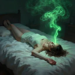 a woman floating abover her bed at night, astral projection, green smoke?..! surreal concept art, lifelike, photorealistic, digital painting, aesthetic, smooth, sharp focus, artstation hd, artgerm and by greg rutkowski, bruce pennington, valentina remenar, rhads, asher duran,