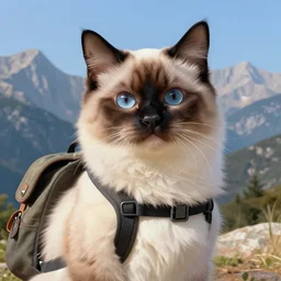 Portrait of a ragdoll cat with a backpack in the mountains, Corsica, by Anna Dittmann and Ilya Kuvshinov, Nikolay Makovsky, fantasy, high detail, elegant, digital painting, WLOP, natural light, vibrant, intricate, textured skin, highly detailed, artstation, sharp, focus, illustration, Nikolay Makovsky