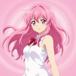 “anime girl, flowing pink hair, extremely beautiful, swirly pink background, anime still, by Kurahana Chinatsu, trending on PixArt”