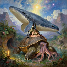 fantasy fairytale portrait, hybrid great leviathan, cybernetic turtle, cephalopod terrapin reptilian pachyderm raptor squid, symbiotic hybrid, bella hadid, anubis - reptilian, warrior, cozy, hot springs hidden cave, candlelight, natural light, lush plants and flowers, spectacular mountains, bright clouds, luminous stellar sky, outer worlds, william - adolphe bouguereau, michael cheval, oil painting, michael whelan, solar flare crisp clear resolution, unreal 5, daz, hd,