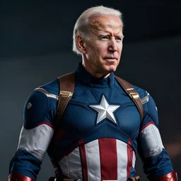 joe Biden wearing a captain America costume, photorealistic, highly detailed, cinematic, dramatic lighting
