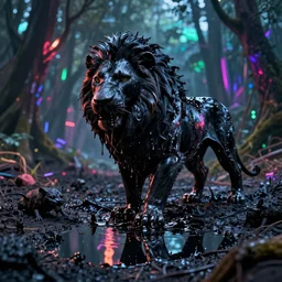 the black lioness made of tar, dripping tar, dripping goo, sticky black goo, stalking prey in the tar pit forest at night, dripping goo, sticky black goo. photography, dslr, reflections, black goo, rim lighting, cinematic light, horror, contrast, volumetric, neon, tar pit, colorful, cyberpunk