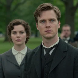 sharp, highly detailed, film from a 2 0 1 9 sci fi 8 k movie, time travelers suddenly appear in a park in 2 0 1 9, a man from 1 9 5 0 and a woman from 1 9 0 0, wearing correct era clothes, atmospheric lighting, in focus, reflective eyes, 3 5 mm macro lens, live action, nice composition