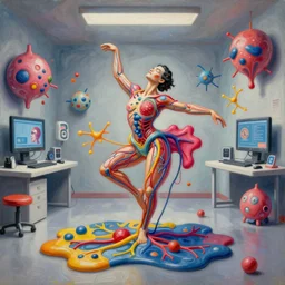 an extremely high quality hd surrealism painting of a 3 d perspective neon complimentary - colors cartoon surrealism melting sculpture gallery medical biological anatomical dancer by a much more skilled version of kandinskypicasso and salvia dali the fourth, salvador dali's much much much much more talented painter cousin, 8 k, ultra realistic, very realistic, nerves, veins, arteries, neurons