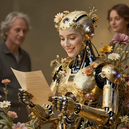 a beautiful intricate fine art portrait photo of a happy futuristic cybernetic cyborg reading a letter, by tom bagshaw and anna dittman, perfection!, studio lighting, golden ratio composition, 5 0 mm lens, bionic robot overgrown with flowers, cybernetic scifi, deep depth of field, artstation, 8 k