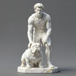 a statue made of white marble with gold veins, of klay thompson petting a bulldog, full body shot, perfect symmetrical body, perfect symmetrical face, hyper realistic, hyper detailed, by johannen voss, by peter kemp, by monia merlo, by michelangelo, octane render, blender, 8 k