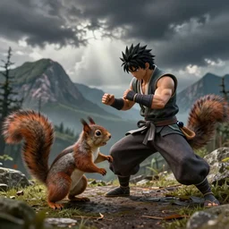 digital art of a Kenshiro fighting a squirrel, detailed textures and lighting, storm in the background, mountains, action pose, high detail character models, detailed environment, epic fight, movie quality battle, epic, intricate