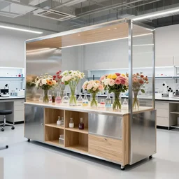 science labotory by flower retail shop made of stainless steel and wood designed by jonathan ive