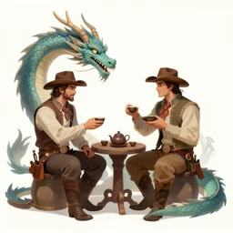 Tea ceremony between a Western cowboy and a dragon, high fantasy concept art by Anato Finnstark