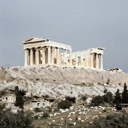 realistic documentary landscape photo a big white fluffy hairy ancient acropolis, neutral colors, 1 9 9 0, life magazine reportage photo