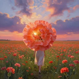 head of carnations flower, girl walking in a flower field, surreal photography, sunrise dramatic light, impressionist painting, colorful clouds, digital painting, artstation, simon stalenhag, flower face