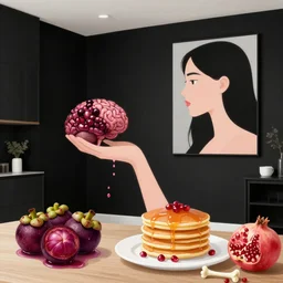 apartment with black walls, portrait of a woman holding a brain, mangosteen, berries dripping juice, pancakes, pomegranate, bones, sensual, computer chips, berries, octopus, scientific glassware, neo - expressionism, surrealism, acrylic and spray paint and oilstick on canvas