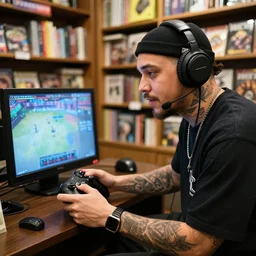 photo of jacksepticeye playing a video game in a bookstore, realistic detailed, sharp focus