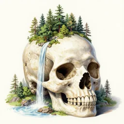 giant skull mountain, trees on scalp, waterfall, octane render, colored pencil