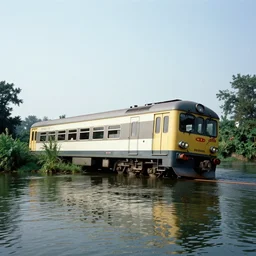 a train that has fallen over into the water, a stock photo by leandro erlich, pixiv, ecological art, associated press photo, photo, 1 9 9 0 s