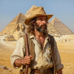 detailed painting of an american lumberjack in front of the gizeh pyramids of egypt, deep focus, good lighting, rules of composition, intricate, greg rutkowski, magali villeneuve and monet