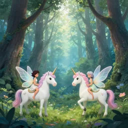 photo of fairies and unicorns in a a heavenly forest