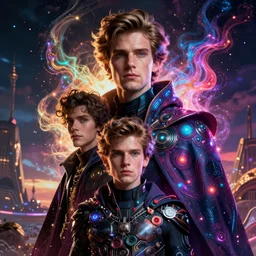a young mix of harrison willem michael depp dafoe emerson ford, evil cyber wizard cape, intricate colorful cosmic particle smoke magic, futuristic cyberpunk bladerunner tamriel vista, hyperrealism, octane render, extremely detailed, style of mark ryden, earl nore, hyung tae, frank frazetta