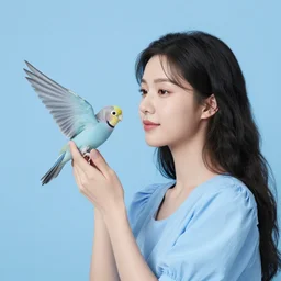 woman with a bird, in a blue color palette
